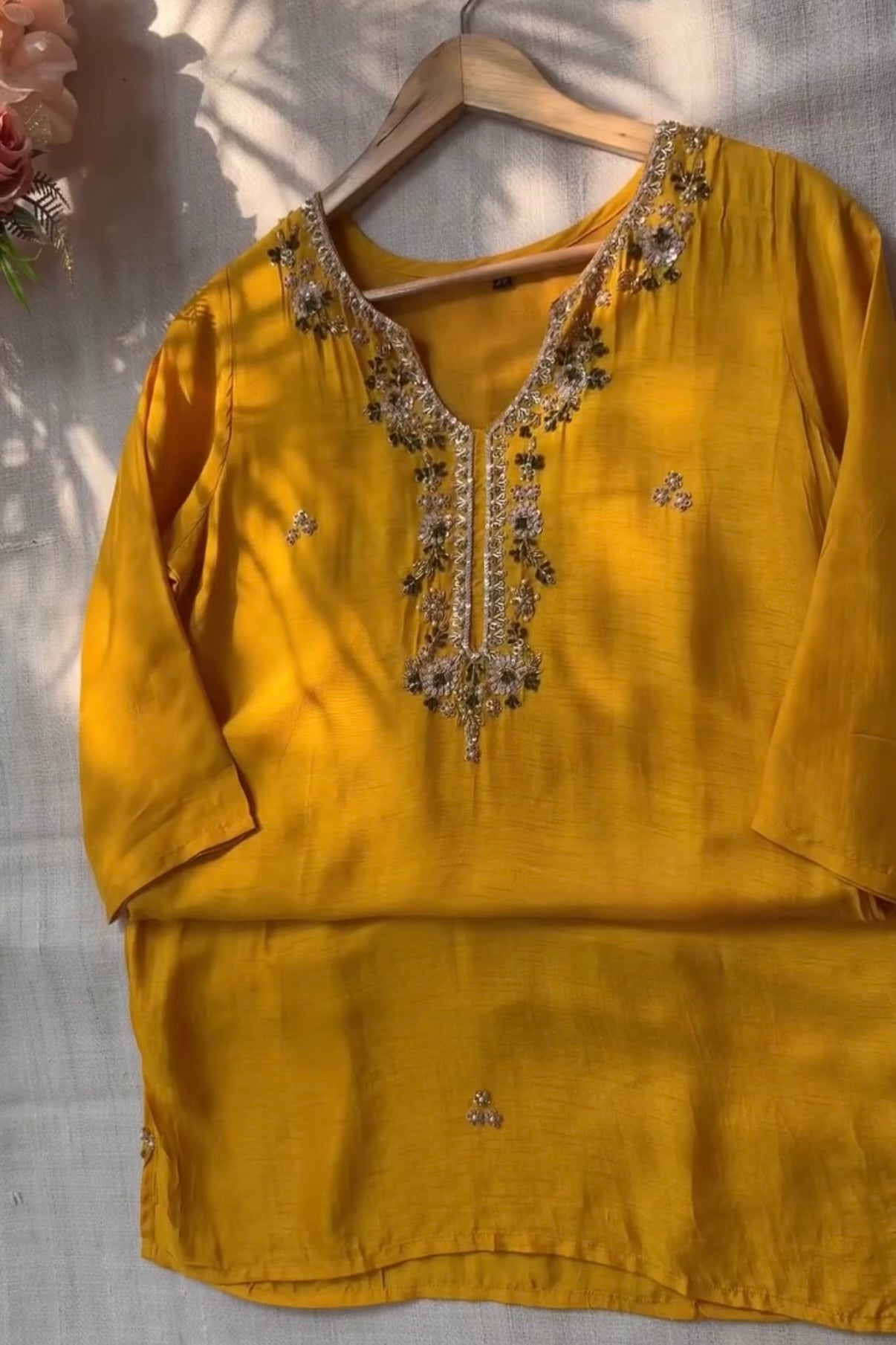 “AIRA” Mustard Yellow dola silk kurta with Green Striped Tissue Dupatta set