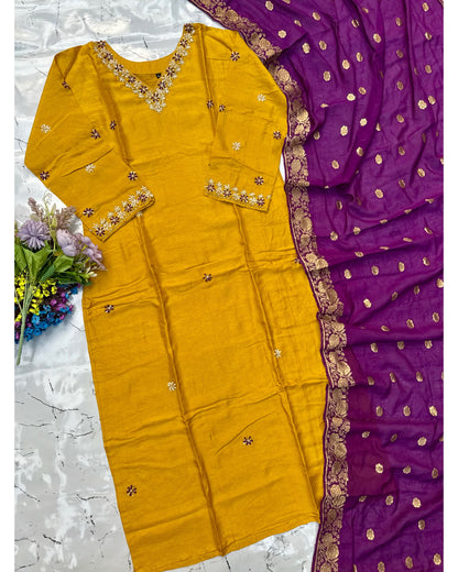 “Anannya” Beautiful Yellow V neck dola silk kurta set