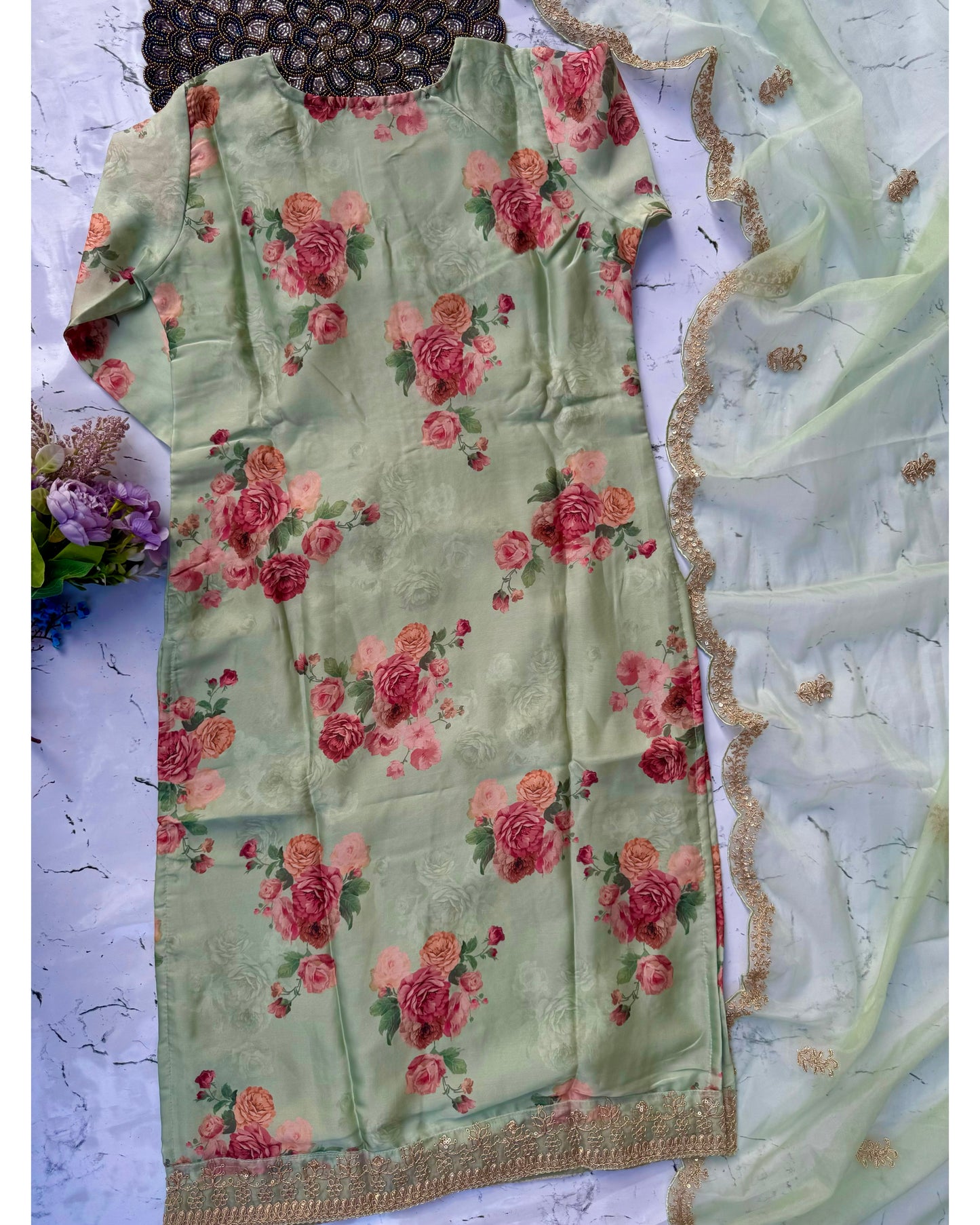 "Aditi" Pista green organza printed & handwork stright kurta set