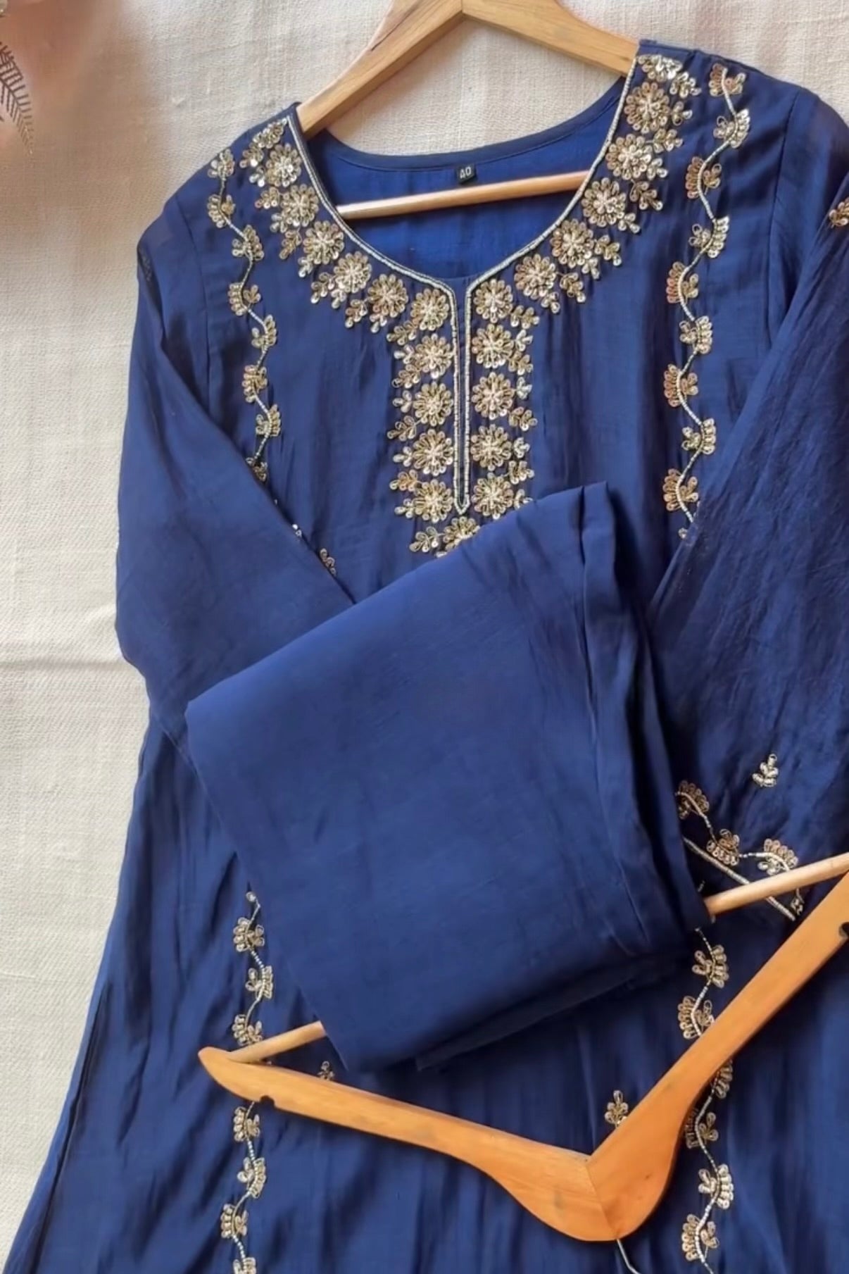 “Faraj” Navy Blue Pure Mul-Chanderi Party wear A Line suit set
