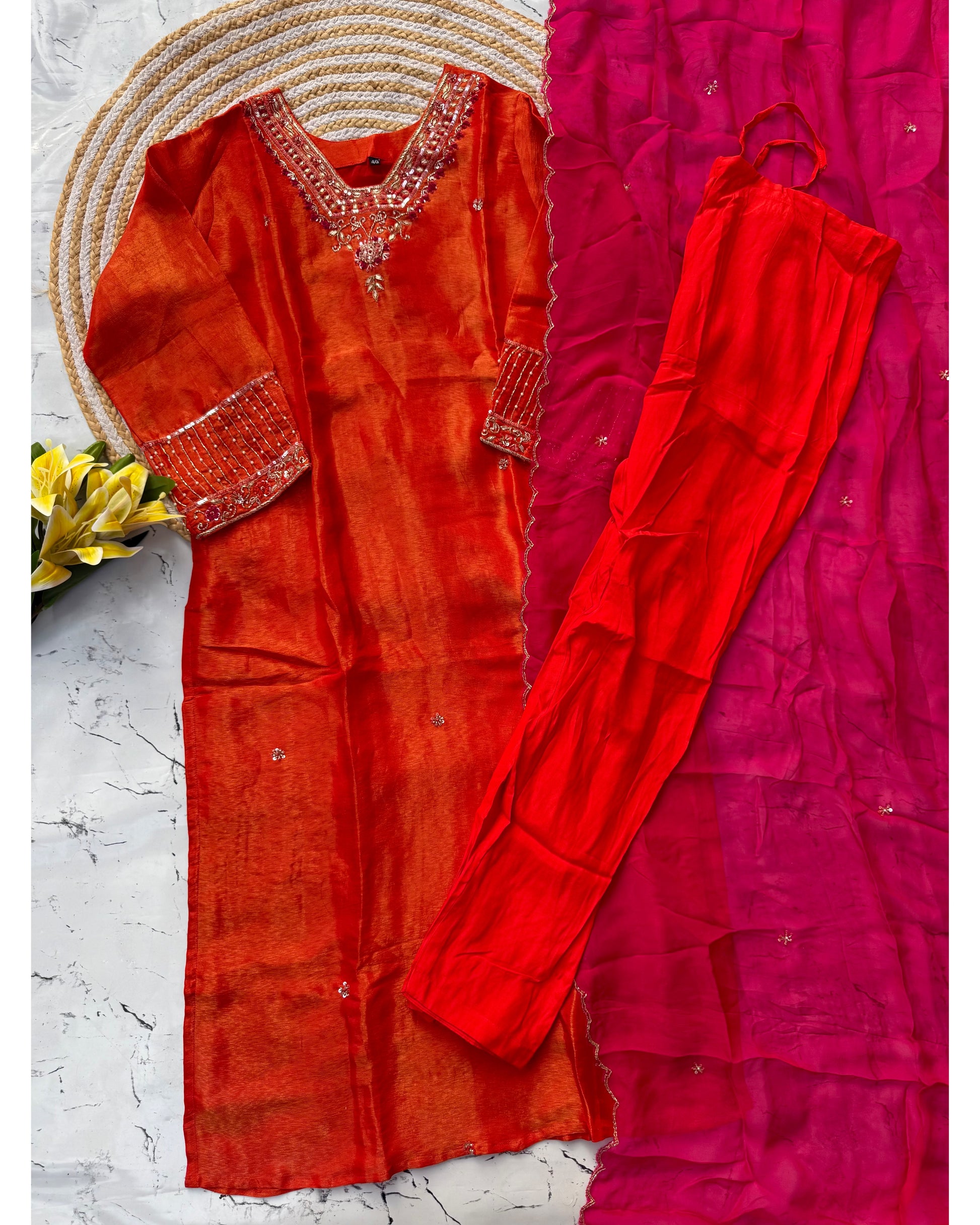 "Inaya” Beautiful orange shade tissue silk kurti set